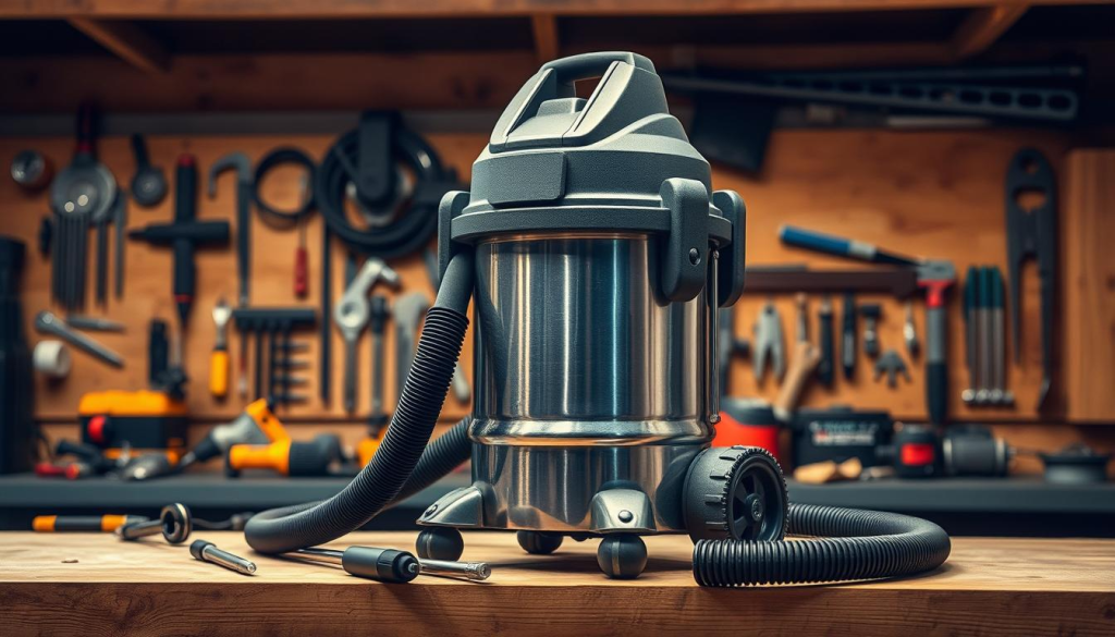 A heavy-duty, industrial-grade shop vac stands prominently on a sturdy wooden workbench, its powerful motor and rugged construction conveying a sense of dependability. The metallic body gleams under the warm, directional lighting, casting dramatic shadows that accentuate its robust, angular design. In the middle ground, various workshop tools and accessories are neatly arranged, hinting at the vac's reliable performance in maintaining a well-organized workspace. The background is slightly blurred, placing the focus on the shop vac's impressive build quality and attention to detail, embodying the notion of a durable, hardworking tool built to withstand the demands of a professional workshop.