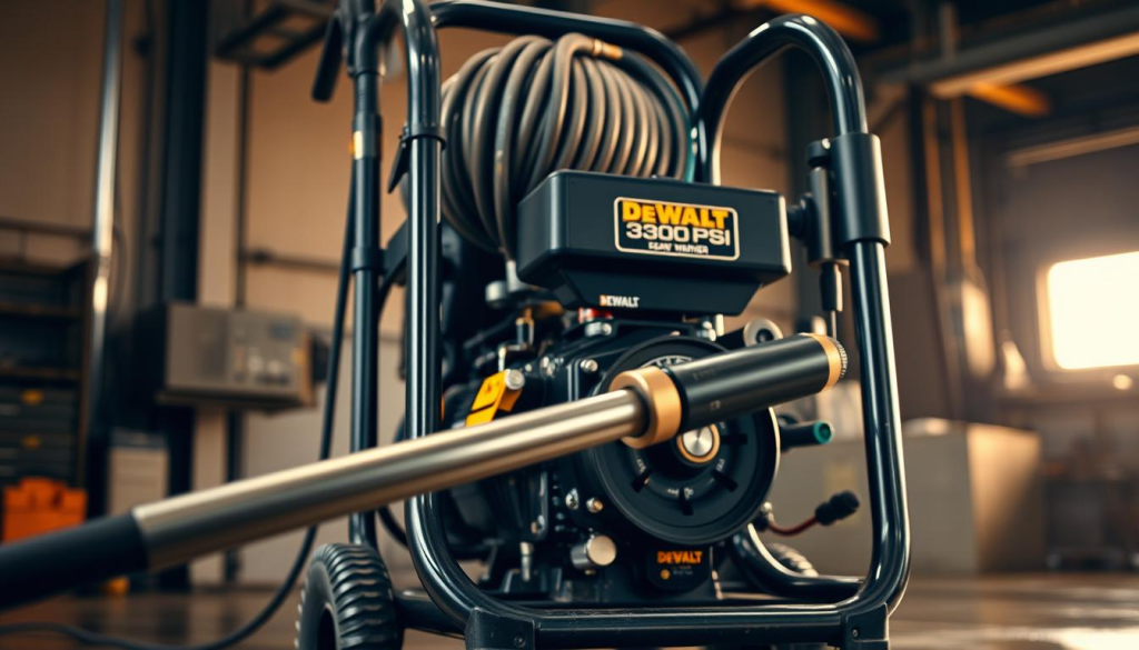 A heavy duty pressure washer setup with a powerful DEWALT 3300 PSI engine, standing in a well-lit industrial workspace. The sturdy metal frame supports a high-pressure hose coiled neatly, while the control panel displays clear operational instructions. In the foreground, the metal wand with adjustable nozzle is poised, ready to tackle the toughest grime. Soft shadows and warm, directional lighting create an atmosphere of focused efficiency, highlighting the machine's rugged construction and professional-grade capabilities. The overall scene conveys a sense of reliable power and ease of use, aligning with the article's subject of operating the DEWALT 3300 PSI pressure washer.