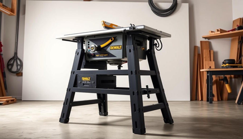 A heavy-duty, sturdy table saw stand made of robust, industrial-grade materials, positioned in a well-lit workshop with a neutral, clean background. The stand has a spacious work surface, adjustable legs for level support, and integrated storage compartments for accessories. Solid steel construction with a matte black finish, conveying a sense of power and reliability. Thoughtfully designed to seamlessly integrate with a DEWALT table saw, elevating the woodworking experience with enhanced stability, mobility, and organization.