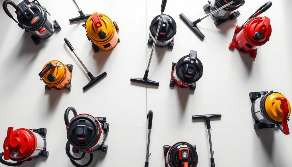 A high-angle, clean-lit comparison of the latest wet/dry shop vacuums from top brands, meticulously displayed on a pristine white tabletop. The vacuums, arranged in a visually striking grid, showcase their distinct designs and features, inviting the viewer to closely examine their differences. Sleek chrome accents, bold color schemes, and ergonomic contours highlight the craftsmanship and attention to detail of each model. The lighting, cast from multiple angles, casts subtle shadows that emphasize the three-dimensional forms, creating a sense of depth and dimensionality. The overall composition conveys a professional, authoritative tone, suitable for an in-depth product comparison in a technical article.