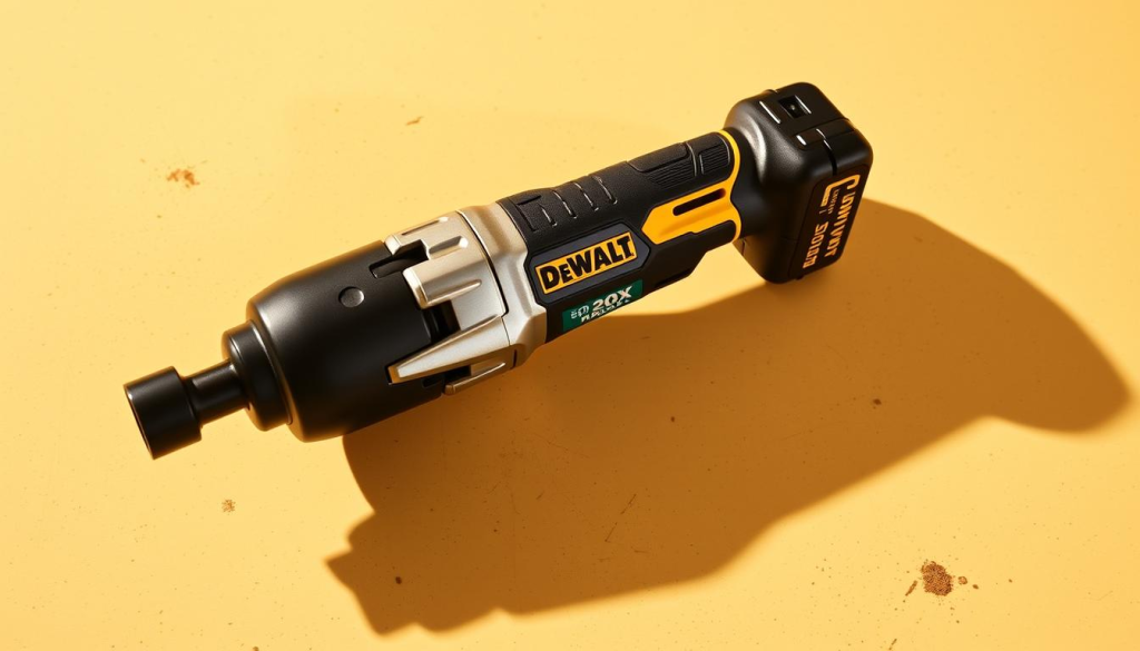 A high-angle shot of the DEWALT 20V MAX cordless ratchet, showcasing its sleek and robust design. The tool is positioned on a clean, well-lit workbench, casting a sharp, defined shadow. The brushed metal finish of the ratchet gleams under the warm, directional lighting, highlighting its precision engineering and performance-driven features. The frame is constructed with durable, impact-resistant materials, exuding a sense of power and reliability. The ratchet's compact size and ergonomic grip are evident, suggesting its ease of use and suitability for tight spaces. The overall scene conveys the DEWALT 20V ratchet's exceptional power and dependability, reflecting the "Performance and Power of the 20V Ratchet" section of the article.