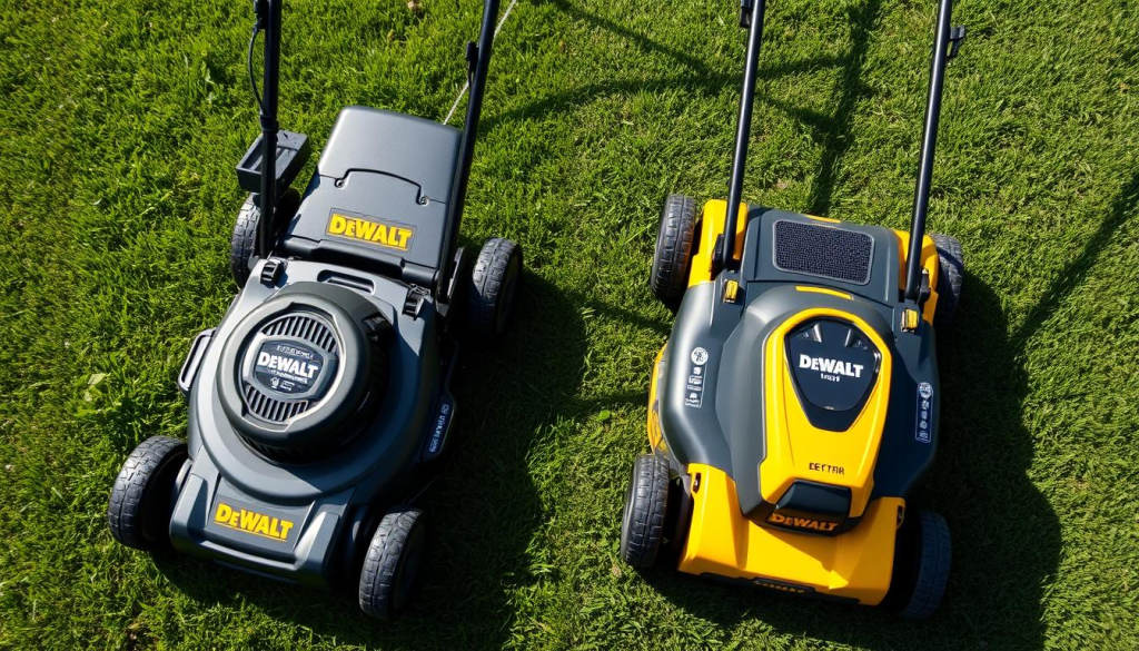 A high-angle, well-lit comparison shot of two DEWALT electric lawn mowers side-by-side, showcasing their distinct designs and features. The mowers are positioned on a lush, freshly mowed lawn, with a clean, minimalist background that allows the products to be the focal point. Intricate details of the mowers, such as their battery compartments, wheels, and handles, are clearly visible, highlighting the quality craftsmanship. The scene conveys a sense of efficiency, innovation, and the ability to tackle lawn maintenance tasks with ease.