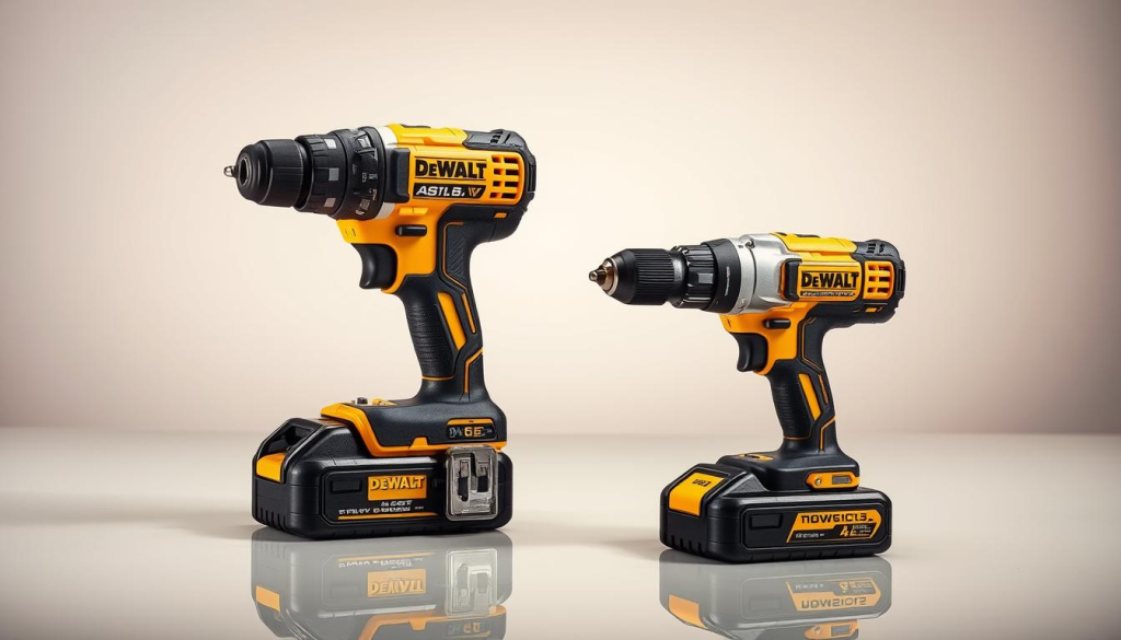 A high-angle, well-lit studio shot of a DeWalt impact driver and a DeWalt cordless drill, placed side-by-side on a clean, reflective surface. The tools are shown at a 3/4 angle, with the DeWalt logos prominently displayed. The background is a soft, neutral color, allowing the power tools to be the central focus. Subtle shadows create depth and emphasize the sturdy, rugged construction of the devices. The lighting is balanced, creating crisp details and highlighting the sleek, modern design. The overall atmosphere conveys a sense of professional-grade power, precision, and performance.
