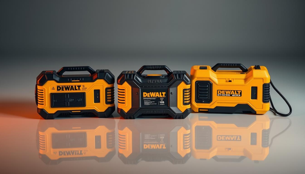 A high-angle, well-lit studio shot showcasing a side-by-side comparison of three DEWALT jump starter models. The models are neatly arranged on a clean, reflective surface, allowing their distinctive designs and features to be clearly visible. Warm, directional lighting from the left illuminates the devices, highlighting their rugged, industrial aesthetics. The background is a simple, neutral gray, keeping the focus on the jump starters. The image conveys a sense of technical precision and product expertise, suitable for an informative article section on choosing the right DEWALT jump starter.
