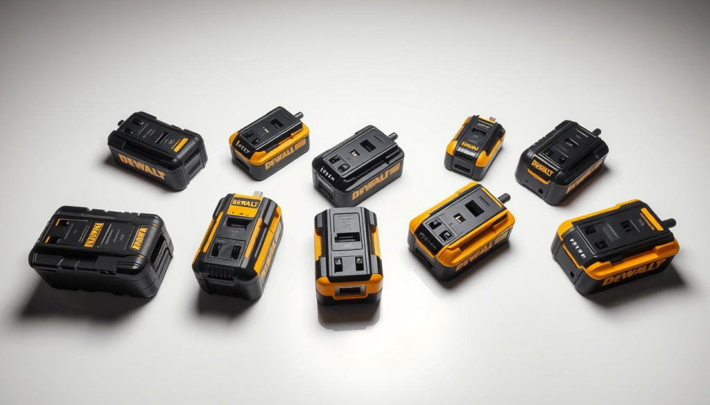 A high-angle, well-lit studio shot showcasing an array of Dewalt USB battery adapters placed on a clean, reflective surface. The adapters are arranged in a visually appealing grid, allowing for easy comparison of their size, form factor, and port configurations. Subtle shadows and highlights accentuate the adapters' sleek, rugged design. The image conveys a sense of professionalism and technical precision, suitable for illustrating a comparative review of these power accessories.