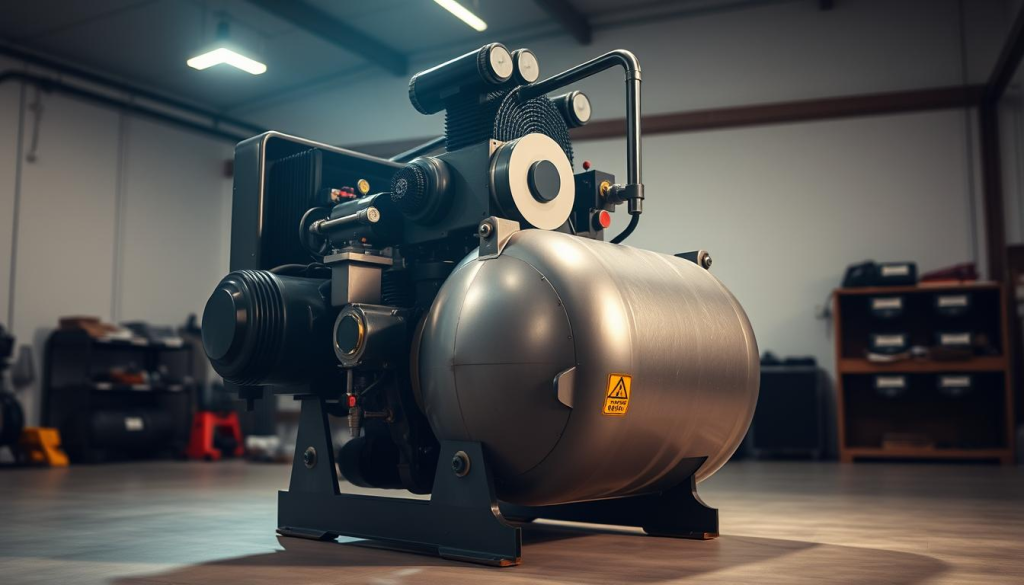 A high-capacity air compressor standing tall, its powerful motor and rugged steel frame dominating the scene. Bright, directional lighting illuminates the compressor's intricate components, showcasing its impressive engineering. The compressor's air tank is prominently displayed, its size and strength conveying its impressive performance capabilities. In the background, a clean, minimalist workshop environment emphasizes the compressor's utility and efficiency. The overall atmosphere exudes a sense of professional-grade power and reliability, perfectly suited for a workshop or garage setting.