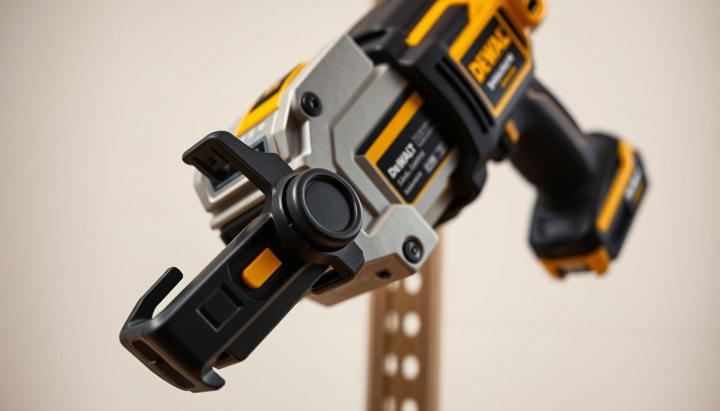 A high-detailed, close-up, well-lit photograph of the Dewalt DCS354 cordless reciprocating saw, showcasing its key safety features. The foreground prominently displays the saw's ergonomic grip, trigger switch, and blade guard, all clearly visible. The middle ground reveals the saw's rugged construction, with a focus on the metal housing and vibrant yellow accents. The background is a clean, neutral environment, allowing the saw's design and safety elements to take center stage. The lighting is natural and balanced, with a slightly warm tone that enhances the saw's professional, industrial aesthetic. The overall mood is one of precision, safety, and reliability.
