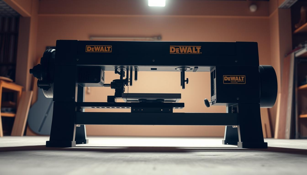 A high-performance bandsaw standing proudly in a well-lit workshop, its sharp teeth gleaming under focused studio lighting. The machine's sturdy frame and precision blade are captured from a low angle, emphasizing its power and potential for accurate, smooth cuts. The background is a clean, minimalist space, allowing the bandsaw to be the central focus. Warm, natural tones create a professional, workshop-like atmosphere, hinting at the tool's versatility and suitability for fine woodworking projects. The composition conveys the DEWALT bandsaw's robust build quality, advanced features, and ability to deliver precise, effortless results.