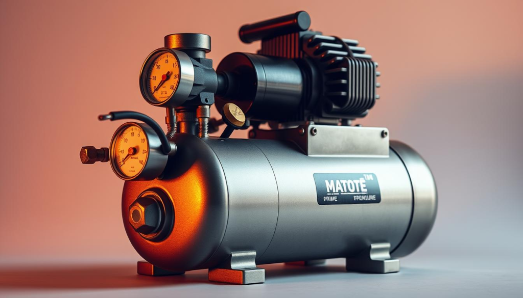 A high-pressure air pump with a sturdy metallic body, sleek industrial design, and powerful air compressor mechanism. Detailed close-up view, showcasing the pump's various components such as the pressure gauge, air hose connector, and control knobs. Illuminated by warm, directional lighting, casting subtle shadows that accentuate the pump's contours and textures. Situated against a neutral, minimalist background that allows the device to be the focal point, emphasizing its purpose and functionality.