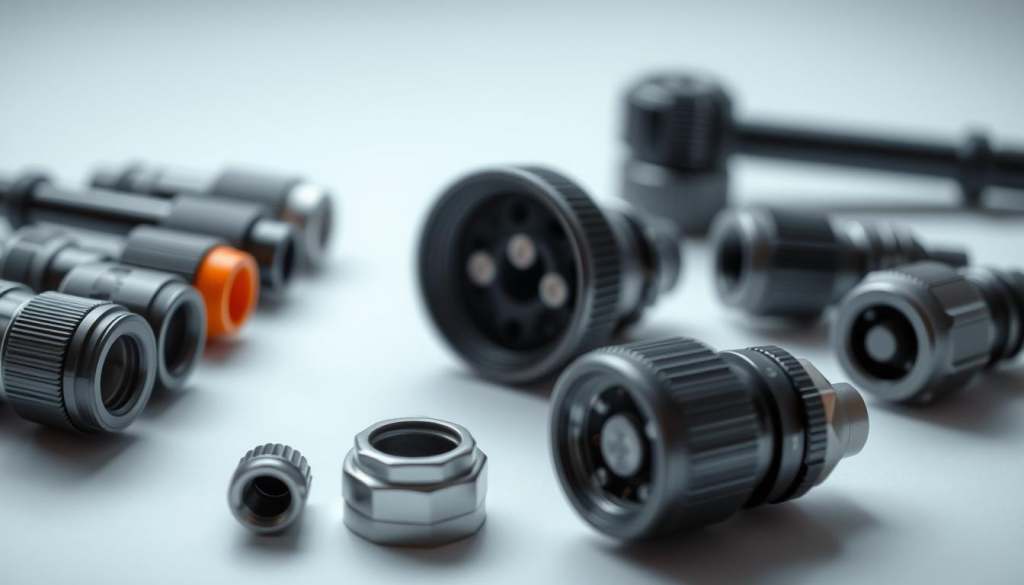 A high-quality 4200 psi pressure washer nozzle set, presented on a clean white background with soft, directional lighting. The nozzles are arranged neatly in the foreground, showcasing their varied sizes and designs. The middle ground features a sharp, detailed view of the nozzle tips, highlighting their intricate features. The background remains subtly blurred, allowing the nozzles to take center stage. The overall composition conveys a sense of precision, technical expertise, and the versatility of the pressure washer accessories.