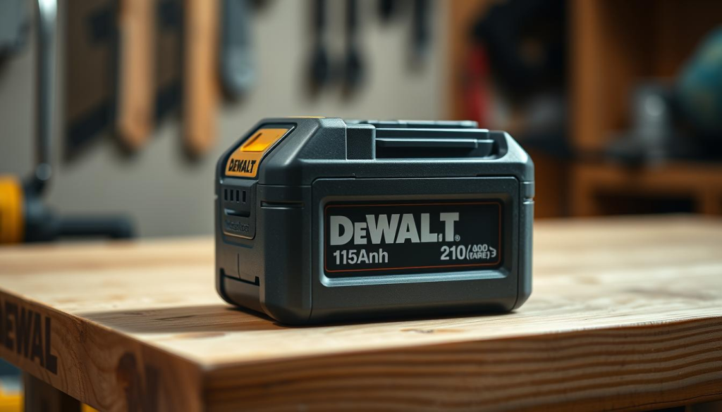 A high-quality DEWALT 15Ah battery in a sleek, dark charcoal grey casing sits on a well-lit wooden workbench. The battery appears sturdy and substantial, reflecting the power and reliability associated with the DEWALT brand. Soft, directional lighting casts subtle shadows, highlighting the battery's textured surface and subtle branding. The background is out of focus, creating a sense of depth and emphasizing the battery as the focal point. The overall mood is one of professionalism, quality, and the promise of long-lasting, high-performance power for various power tools and equipment.