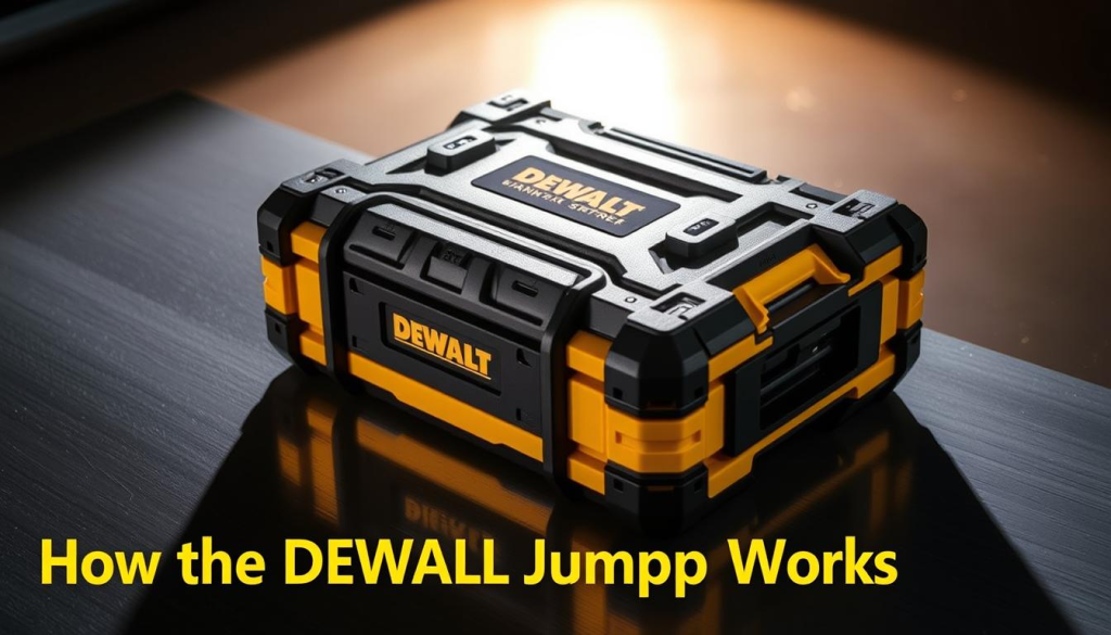 A high-quality DEWALT 1600 jump box resting on a sleek, metallic surface, its rugged exterior and bright yellow accents exuding a sense of power and reliability. The device is illuminated by a warm, focused light, casting dramatic shadows that highlight its intricate details. The image is captured from a slightly elevated angle, providing a clear, unobstructed view of the jump box's impressive design and features. The background is minimalist, allowing the jump box to take center stage and command attention, perfectly complementing the "How the DEWALT Jump Starter Works" section of the article.