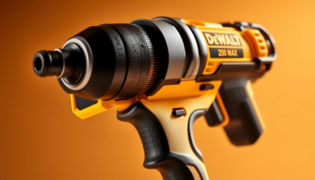 A high-quality DEWALT 20V MAX XR Brushless Impact Driver, its sleek black and yellow body gleaming under warm studio lighting. The driver's sturdy metal casing and ergonomic grip are prominently displayed, showcasing its durable, professional-grade construction. The impact mechanism is visible, hinting at the powerful performance within. The image is shot from a low angle to emphasize the tool's rugged, trustworthy presence. The background is a clean, neutral tone, allowing the impact driver to be the sole focus, radiating a sense of reliability and capability that embodies the DEWALT brand.