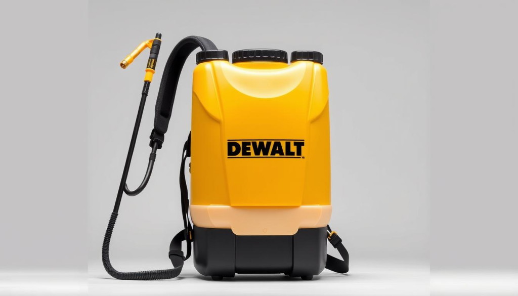 A high-quality DEWALT backpack sprayer, meticulously designed for efficient lawn and garden care. Captured in a clean, well-lit studio setting, the sprayer stands prominently in the foreground, its sturdy construction and ergonomic features clearly visible. The backpack harness is adjustable and padded for comfort, while the sturdy plastic tank and brass wand convey a sense of durability and functionality. Subtle highlights accentuate the brand's iconic yellow and black color scheme, lending an air of professionalism and attention to detail. The overall composition emphasizes the sprayer's thoughtful design, making it an ideal visual representation for the "Design and Ergonomics of the Sprayer" section of the article.