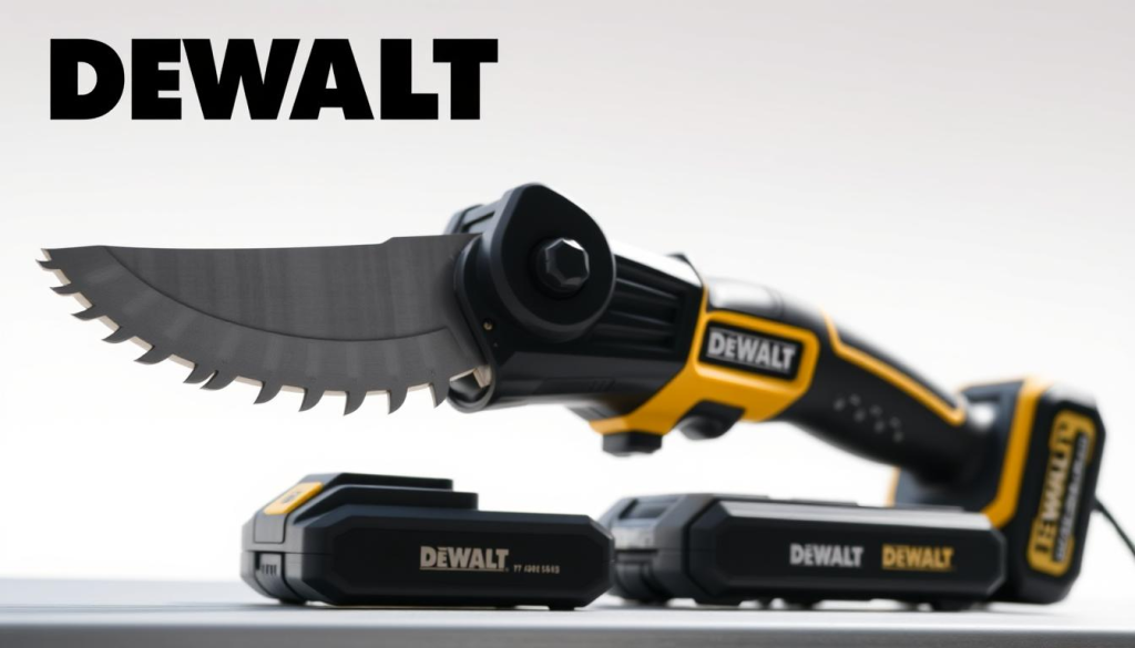 A high-quality DEWALT battery-powered pruner, its sleek design prominently displayed against a clean, bright background. The pruner's metal blades gleam under natural, softly diffused lighting, capturing its precision and power. The midground features the pruner's ergonomic handle and trigger mechanism, highlighting its user-friendly controls. In the background, a subtle, blurred landscape suggests an outdoor setting, hinting at the pruner's intended use for effortless garden and landscape maintenance. The overall mood is one of modern, professional-grade tool design and performance.