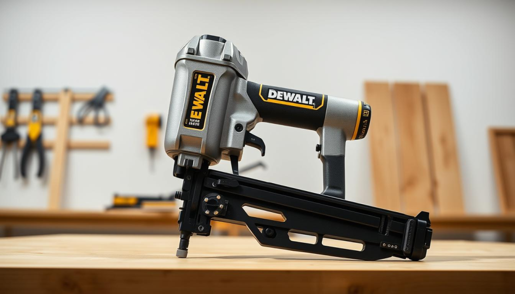 A high-quality DEWALT brad nail gun placed prominently in the foreground, its sleek and sturdy design showcased under crisp studio lighting. The tool's metal body gleams, with the iconic DEWALT logo clearly visible. In the middle ground, a clean, minimalist workbench provides context, hinting at the gun's intended use. The background is softly blurred, allowing the nail gun to be the central focus, radiating a sense of professional-grade power and reliability.