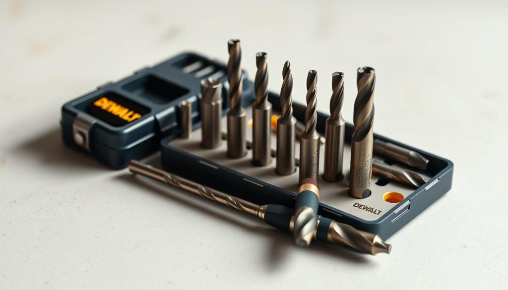 A high-quality DEWALT drill bit set resting on a clean, neutral-colored surface. The set is arranged in a visually appealing layout, with the drill bits positioned to showcase their unique shapes and sizes. The lighting is soft and diffused, creating subtle shadows that accentuate the depth and texture of the individual drill bits. The background is slightly blurred, allowing the drill bit set to be the focal point of the image. The overall composition is balanced and harmonious, conveying a sense of professionalism and attention to detail that reflects the DEWALT brand.