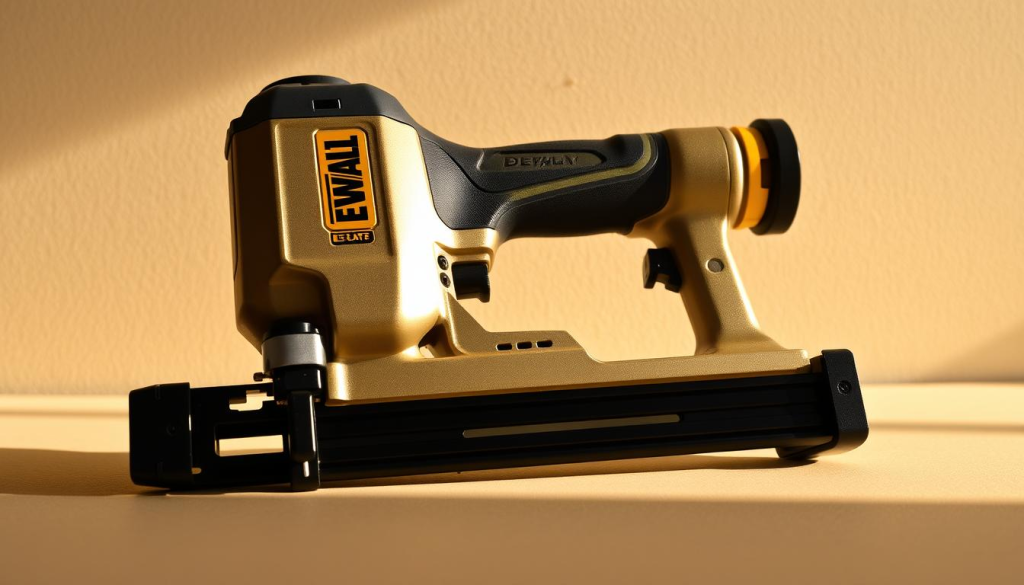 A high-quality DEWALT drywall screw gun rests on a clean, neutral-toned surface. The tool's sleek, metallic body gleams under warm, natural lighting, casting subtle shadows that accentuate its ergonomic design. The screw gun's rotating chuck and adjustable depth control mechanism are prominently featured, showcasing the device's precision and ease of use. In the background, a simple, uncluttered environment allows the tool to take center stage, highlighting its professional-grade capabilities. The overall composition conveys a sense of power, efficiency, and the tool's suitability for the task of secure drywall installation.