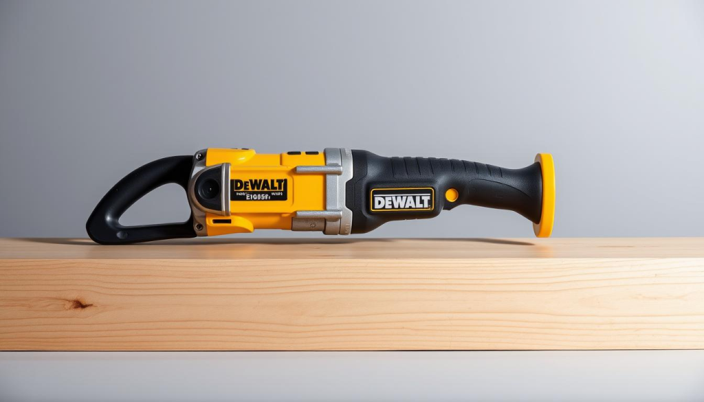 A high-quality DEWALT edger tool, with a sharp steel blade and sturdy aluminum body, resting on a smooth wooden surface. The scene is brightly lit from an overhead source, casting clean shadows and highlighting the tool's sleek design and functional features. The background is a simple, uncluttered gray, allowing the edger to take center stage and showcasing its key details. The image conveys a sense of precision, durability, and the professional-grade quality one would expect from a DEWALT power tool.