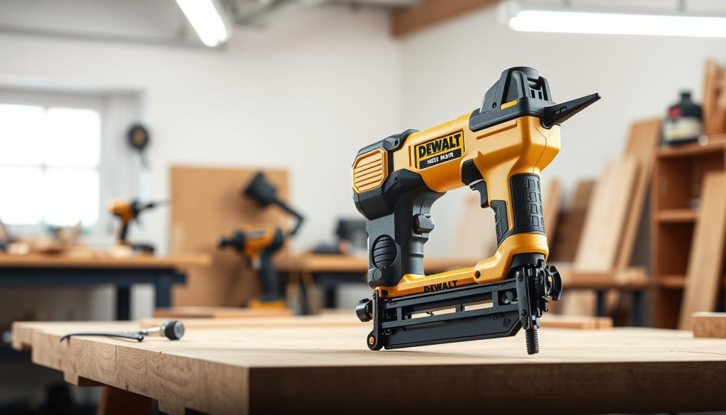 A high-quality DEWALT finish nailer in a well-lit, professional workshop setting. The tool is prominently featured in the foreground, showcasing its sleek design and sturdy construction. The middle ground includes various woodworking tools and materials, hinting at the nailer's versatile applications. The background features a clean, minimalist workshop interior with a neutral color palette, creating a sense of focus on the featured product. Soft, directional lighting illuminates the nailer, highlighting its key features and creating a sense of depth and dimension. The overall mood is one of precision, professionalism, and the confidence that comes from using a reliable, high-performance tool.