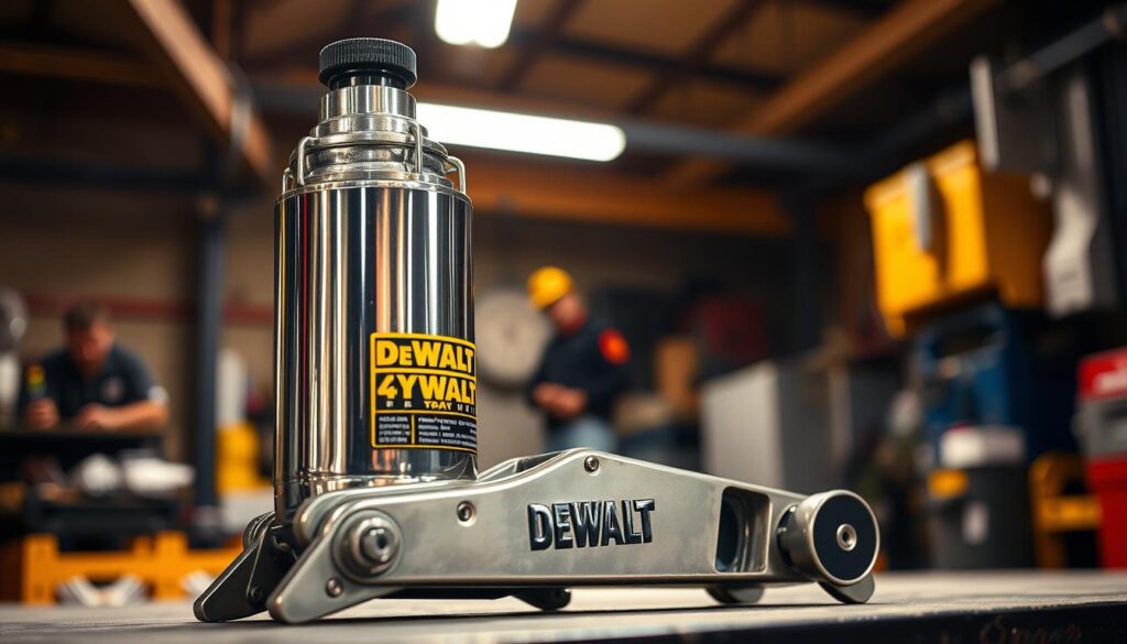 A high-quality DEWALT hydraulic jack standing prominently in a well-lit workshop. The jack's chrome-plated steel construction glistens under the warm overhead lighting, conveying a sense of ruggedness and reliability. The jack's lift mechanism is clearly visible, showcasing its impressive hydraulic power. The background is blurred, keeping the focus on the jack's intricate details and engineering. The scene evokes a feeling of professional-grade tools ready to tackle the most demanding automotive and construction tasks with ease.