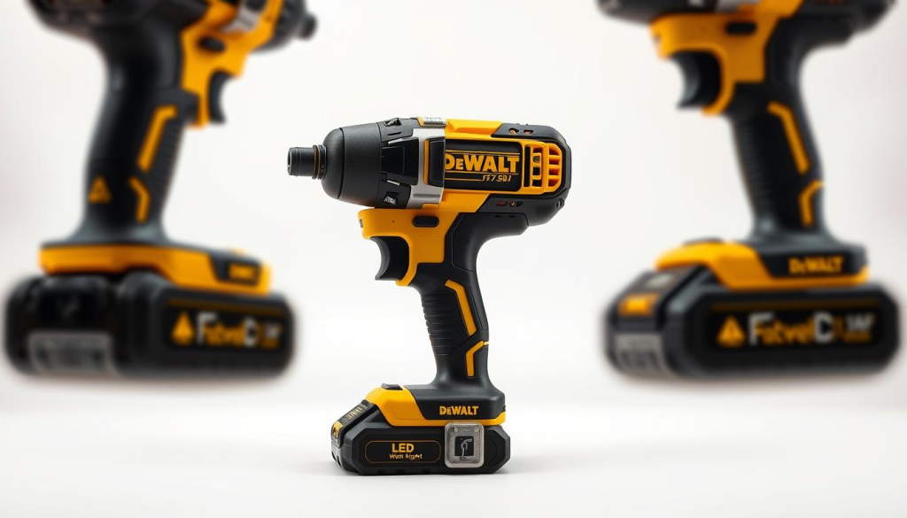 A high-quality DEWALT impact driver captured in a well-lit studio setting. The driver is positioned centrally, showcasing its sleek, black and yellow design with precision. The foreground emphasizes the driver's sturdy construction, ergonomic grip, and powerful motor. The middle ground highlights the driver's key features like the variable speed trigger, LED work light, and battery port. The background is a clean, neutral backdrop that allows the impact driver to be the focal point. The lighting is soft and diffused, accentuating the driver's form and textures. The angle is slightly elevated to provide a comprehensive view of the tool, conveying its robust and reliable nature.