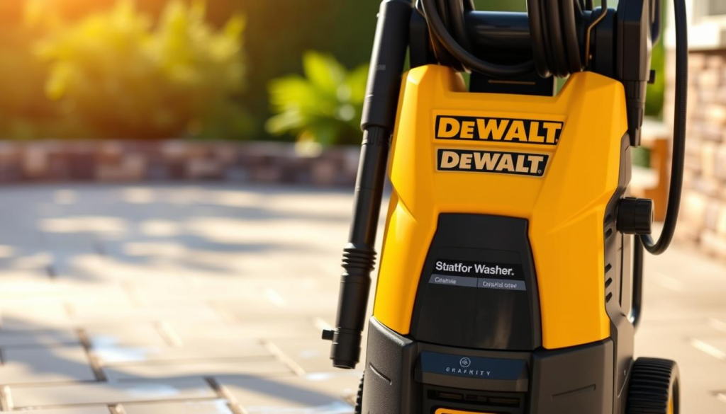 A high-quality DEWALT power washer standing prominently in the foreground, its sleek and sturdy design gleaming under crisp, directional lighting. The washer's controls and nozzle attachments are clearly visible, showcasing its user-friendly features. In the middle ground, a clean, well-maintained outdoor surface, such as a patio or driveway, awaits the powerful cleaning capabilities of the DEWALT unit. The background features a warm, natural setting, perhaps with lush greenery or a sun-dappled backdrop, conveying a sense of domestic tranquility and the machine's ability to effortlessly tackle even the toughest cleaning tasks around the home.