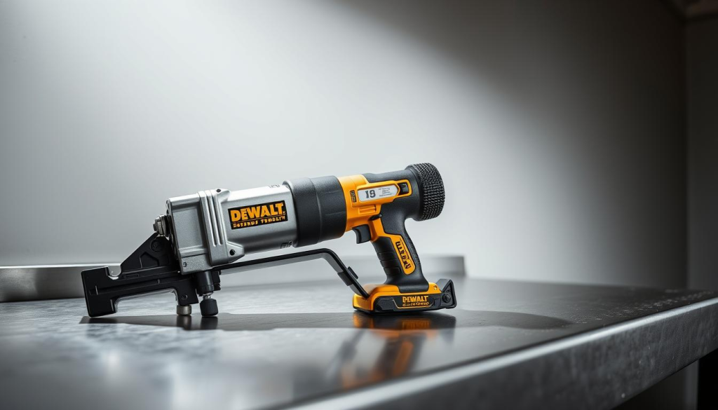 A high-quality DEWALT screw gun with a powerful electric motor rests on a sleek, metal workbench. The device's sturdy, ergonomic design is showcased in realistic detail, with a brushed metal exterior and a textured, rubber grip. Bright, directional lighting illuminates the screw gun, casting subtle shadows that accentuate its form and features. The background is a clean, minimalist setting, allowing the DEWALT tool to take center stage. The overall scene conveys a sense of professional-grade power and precision, perfectly suited to illustrate the key features of this industrial-strength screw gun.