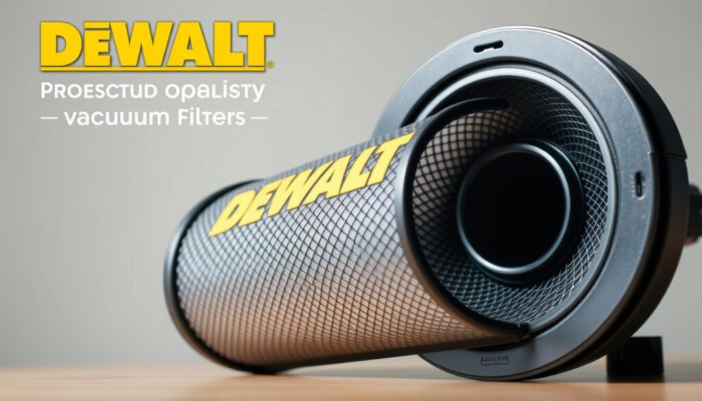 A high-quality DEWALT vacuum filter, displayed in sharp focus with natural lighting, against a clean and uncluttered background. The filter's intricate mesh design and sturdy construction are prominently featured, showcasing its durability and ability to effectively capture debris. The image conveys a sense of reliability and attention to detail, reflecting the key features that make this filter an essential component of DEWALT's line of powerful and dependable tools.
