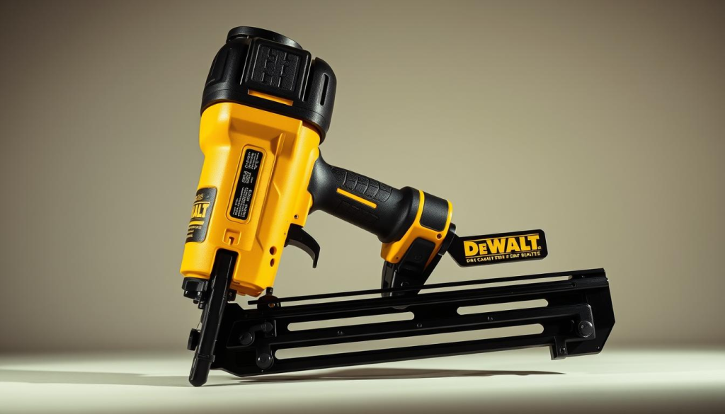 A high-quality DeWalt 18 gauge cordless nail gun, displayed against a clean, neutral background. The nail gun is rendered in crisp detail, highlighting its sleek, black and yellow design. Dramatic side lighting casts dramatic shadows, emphasizing the tool's ergonomic grip and sturdy construction. The composition places the nail gun in the foreground, with a slightly blurred background, allowing the device to be the central focus. An overall technical, industrial atmosphere conveys the nail gun's power and precision, suitable for professional DIY and woodworking applications.