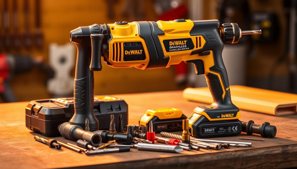A high-quality DeWalt XR hammer drill kit resting on a workbench, illuminated by a warm, focused light. The drill's sleek black and yellow body is prominently displayed, showcasing its powerful XR brushless motor and durable construction. The kit includes a selection of drill bits, masonry bits, and other accessories neatly arranged around the drill, conveying its versatility and the benefits of using a capable hammer drill for a variety of home improvement and construction tasks. The background is slightly blurred, emphasizing the drill as the focal point and creating a professional, product-centric composition.