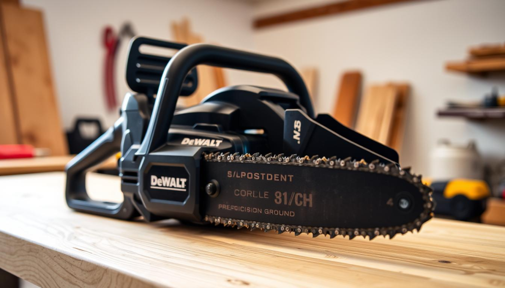 A high-quality DeWalt cordless chainsaw with an 8-inch bar, resting on a wooden workbench in a well-lit workshop. The chainsaw's sleek, black body is illuminated by soft, natural lighting, highlighting its modern, ergonomic design. In the foreground, the chainsaw's powerful engine and sharp, precision-ground chain are clearly visible, conveying its cutting capabilities. The middle ground showcases the chainsaw's cordless battery, emphasizing the convenience and mobility it provides. The background features a clean, uncluttered space, allowing the chainsaw to take center stage and showcase its impressive features.