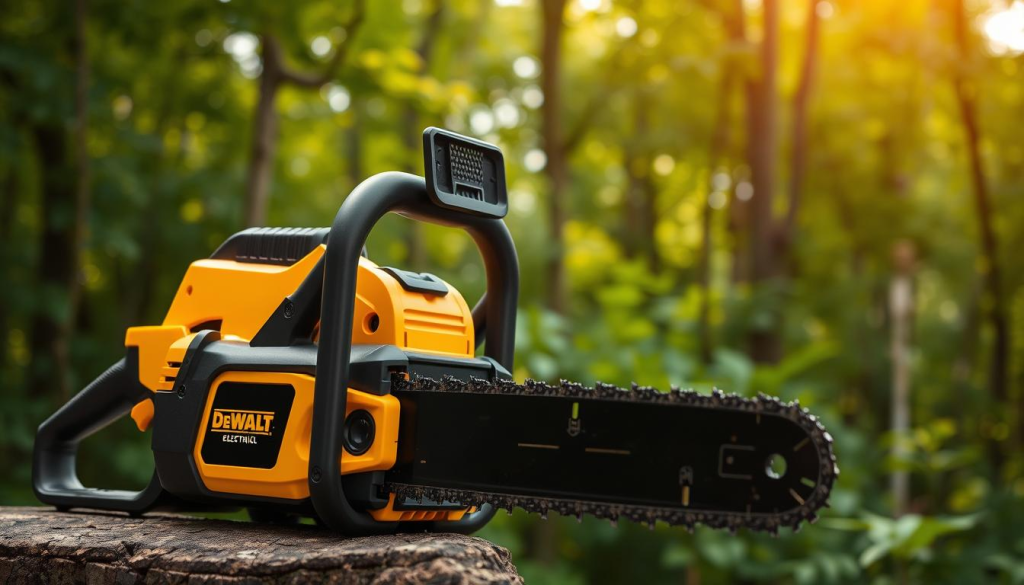A high-quality DeWalt electric chainsaw in the foreground, with a warm, natural lighting illuminating its sleek black and yellow body. The chainsaw is positioned at a slight angle, showcasing its powerful cutting teeth and safety features. In the middle ground, a lush, verdant forest serves as the backdrop, hinting at the versatility and power of the tool. The image conveys the reliability, efficiency, and user-friendliness of the DeWalt electric chainsaw, making it an ideal choice for a variety of outdoor tasks and home improvement projects.