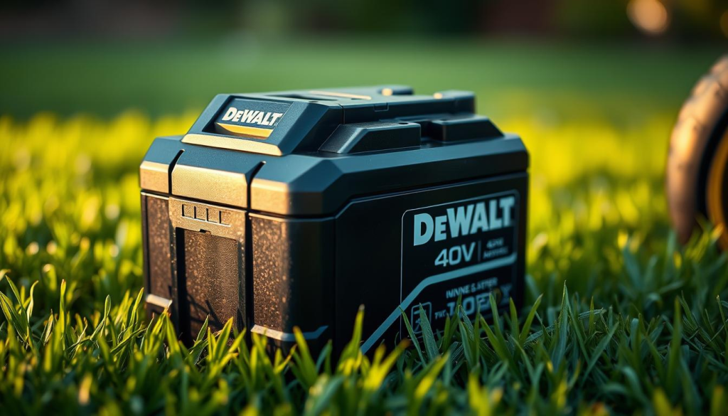 A high-quality Dewalt 40V lawn mower battery, its sleek black casing reflecting soft natural light. The battery sits prominently in the foreground, casting a warm glow. In the middle ground, the battery's charging port and terminal connectors are visible, hinting at its powerful capabilities. The background features a lush, verdant lawn, emphasizing the battery's intended use for powering efficient and eco-friendly lawn maintenance. The overall scene conveys a sense of reliable, cordless power and the convenience of a modern, battery-powered lawn mower.