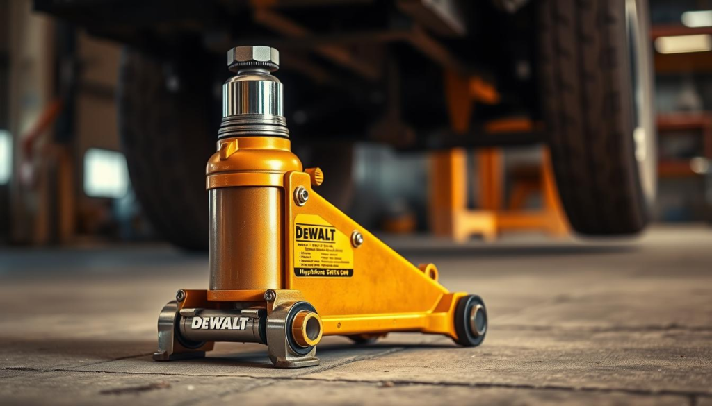 A high-quality Dewalt hydraulic jack standing sturdy on a concrete floor, its robust metal frame and shiny chrome plating glistening under warm, directional lighting. The jack's powerful hydraulic piston is extended, ready to lift heavy loads with precision and ease. The foreground is in sharp focus, while the background fades into a slightly blurred industrial setting, hinting at the versatile applications of this tool. The overall mood is one of industrial strength and dependability, reflecting the Dewalt brand's reputation for durable, high-performance equipment.