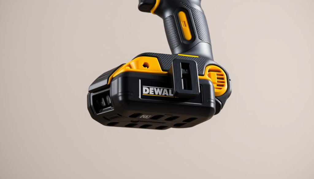 A high-quality, close-up image of a DEWALT 20V MAX* XR Brushless Impact Driver against a clean, neutral background. The impact driver is positioned prominently in the center, capturing its compact and ergonomic design with textured grip and metallic accents. Soft, directional lighting highlights the glossy black and yellow body, emphasizing the tool's premium construction and robust capabilities. The composition draws the viewer's attention to the battery compartment and charging port, showcasing the interchangeable battery system that powers the device's cordless performance.