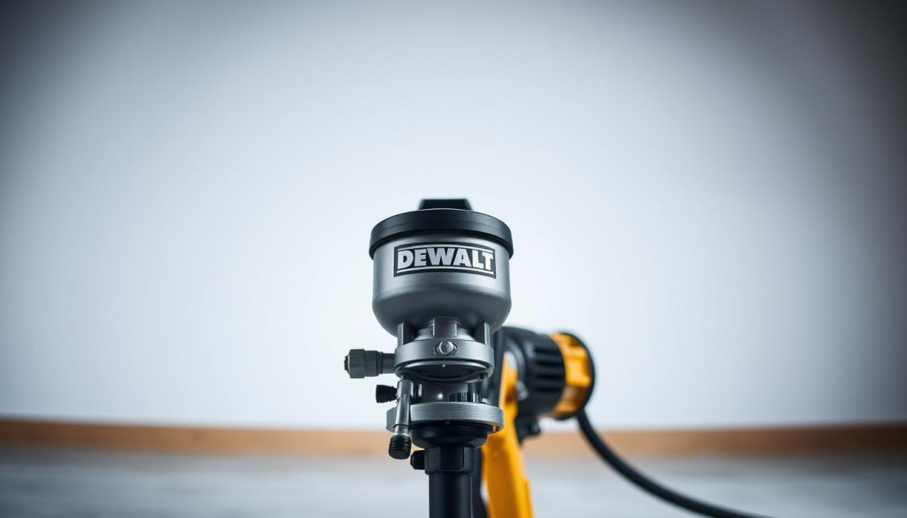 A high-quality, close-up image of a DEWALT airless sprayer, captured in a well-lit, professional studio setting. The sprayer is presented in the foreground, showcasing its sleek, durable design with precision engineering details. The middle ground features a clean, minimalist background, allowing the sprayer to be the central focus. Soft, diffused lighting accentuates the sprayer's metallic finish, creating a sense of quality and reliability. The overall composition emphasizes the sprayer's key features, inviting the viewer to appreciate its impressive capabilities and robust construction, as described in the customer reviews and testimonials.