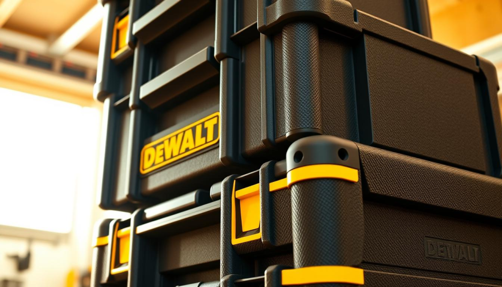 A high-quality, close-up photo of the DEWALT TSTAK modular storage system, showcasing its sleek, durable design and versatile organization capabilities. The image is captured under warm, natural lighting that highlights the tool case's textured black and yellow color scheme. The angle emphasizes the stacking and interlocking features, allowing the viewer to clearly understand the system's modular nature. The background is blurred, placing the focus entirely on the TSTAK unit's thoughtful engineering and practical benefits for workspace organization.