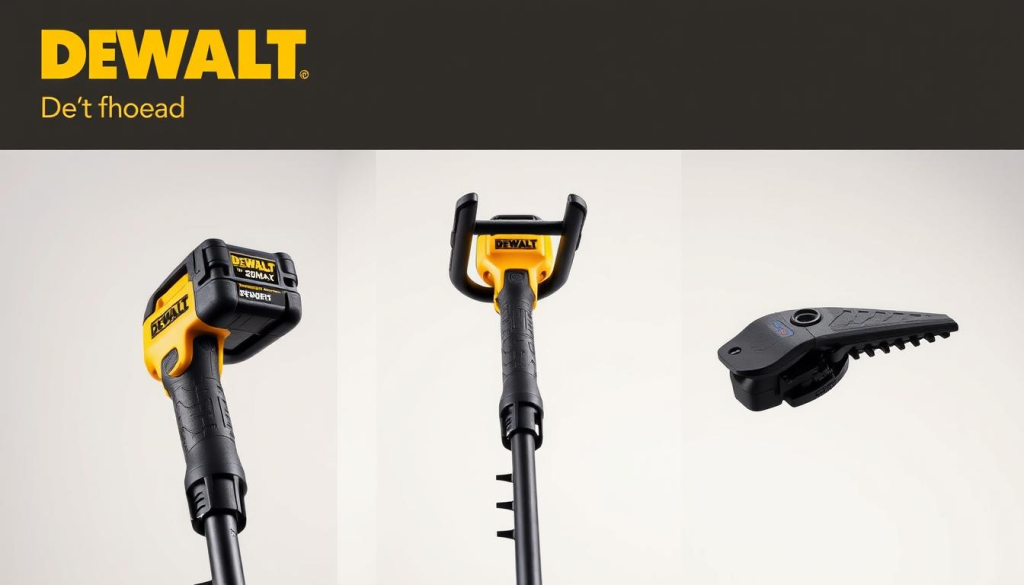 A high-quality, close-up photograph of a DEWALT 20V MAX Brushless String Trimmer against a clean, neutral background. The trimmer is shown from multiple angles, highlighting its key features: the powerful brushless motor, durable plastic housing, ergonomic grip, and adjustable cutting head. The image has soft, even lighting that accentuates the tool's sleek, modern design. The depth of field is shallow, keeping the trimmer in sharp focus while blurring the background. The overall mood is professional, highlighting the trimmer's advanced capabilities and suitability for effortless lawn maintenance.