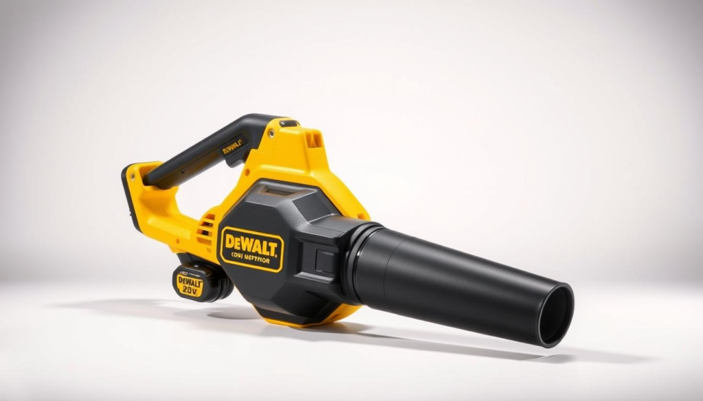A high-quality, close-up photograph of a DEWALT 20V cordless handheld leaf blower in a well-lit, studio setting. The blower is positioned prominently in the center of the frame, its sleek black and yellow design capturing the eye. The strong, focused lighting casts dramatic shadows, emphasizing the tool's robust construction and powerful airflow capabilities. The background is clean and uncluttered, allowing the leaf blower to be the central focus. The image conveys the DEWALT 20V's professional-grade performance and durability, perfectly illustrating the key features highlighted in the article's "Key Features of the DEWALT 20V Leaf Blower" section.