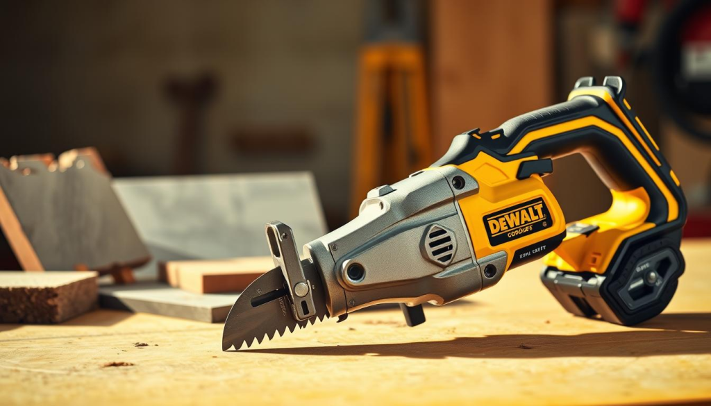 A high-quality, close-up photograph of a DEWALT 3-inch cordless cut-off tool, positioned on a clean, well-lit workbench. The tool is prominently featured in the foreground, with a sharp, detailed focus on its sturdy metal body, rubber grip, and powerful cutting blade. The middle ground showcases various materials the tool can effortlessly cut through, such as steel, concrete, and tile. The background softly blurs to emphasize the tool's versatility and precision. Warm, natural lighting casts gentle shadows, highlighting the tool's rugged, professional-grade design. The overall mood is one of power, utility, and the tool's ability to tackle a wide range of cutting tasks with ease.
