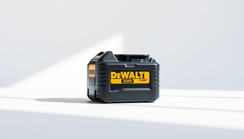 A high-quality, close-up photograph of a DEWALT 5 Amp Hour battery pack for power tools, captured in a studio setting with natural, directional lighting. The battery is positioned prominently in the center, showcasing its sleek, rugged design with the iconic DEWALT branding clearly visible. The background is clean and uncluttered, allowing the battery to be the main focus. The image conveys a sense of power, durability, and reliability, reflecting the premium quality of the DEWALT brand and the performance capabilities of this specific battery model.