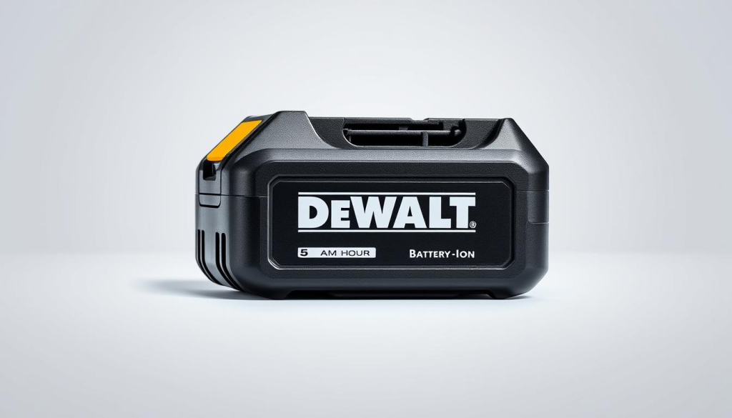 A high-quality, close-up photograph of a DEWALT 5 amp hour lithium-ion battery pack. The battery is shown in the center of the frame, with a clean, well-lit background. The battery has a sleek, black casing with the DEWALT logo prominently displayed. The surface of the battery reflects light, giving it a shiny, premium appearance. The edges and corners of the battery are sharply in focus, showcasing its robust construction. Soft, directional lighting creates subtle shadows that emphasize the battery's depth and volume. The image conveys a sense of power, durability, and high performance, in line with the battery's key features.