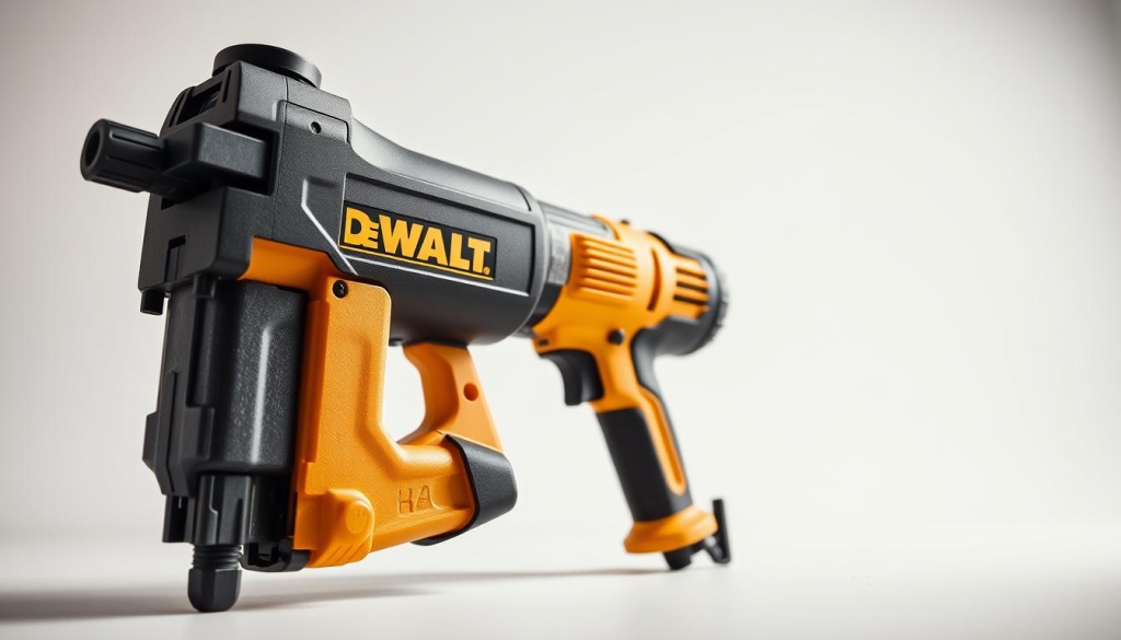 A high-quality, close-up photograph of a DEWALT drywall screw gun in a well-lit, professional studio setting. The screw gun is the primary focus, with a clean, uncluttered background that allows the tool's features to shine. The lighting is bright and diffused, creating soft shadows that accentuate the tool's contours and textures. The camera angle is slightly elevated, providing a slightly bird's-eye view that showcases the screw gun's ergonomic design and strategic placement of controls. The overall mood is one of precision, functionality, and attention to detail, reflecting the tool's ability to deliver reliable performance in a wide range of drywall and fastening applications.