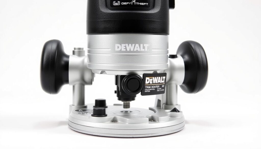 A high-quality, close-up photograph of a DEWALT trim router, showcased against a clean, white background. The router is displayed in a well-lit, studio-style setting, highlighting its sleek and sturdy design. The image captures the tool's precision features, such as the adjustable depth control and the powerful motor, conveying its professional-grade capabilities. The overall composition emphasizes the router's versatility and suitability for intricate woodworking tasks, reflecting its position as a top-of-the-line power tool in the DEWALT lineup.