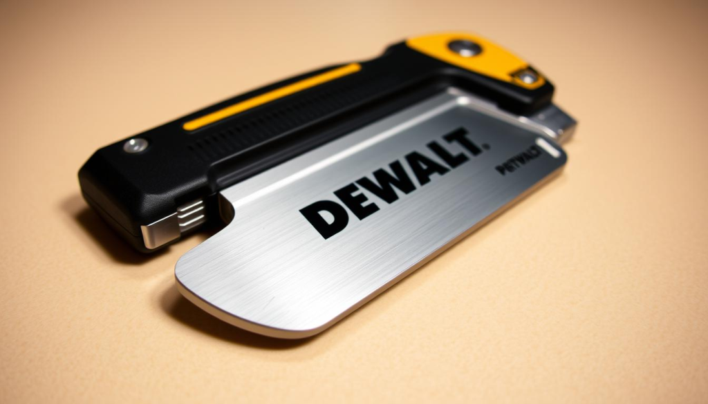 A high-quality, close-up photograph of a DEWALT utility knife lying on a flat, neutral-colored surface. The knife is well-lit, with a warm, natural lighting that emphasizes its metallic accents and sharp, sturdy blade. The frame captures the knife in a slightly elevated, three-quarter angle, showcasing its ergonomic, rubberized handle and the DEWALT logo prominently displayed. The background is clean and uncluttered, allowing the tool to be the central focus of the image, conveying its robust, reliable, and versatile nature suitable for a wide range of everyday tasks.