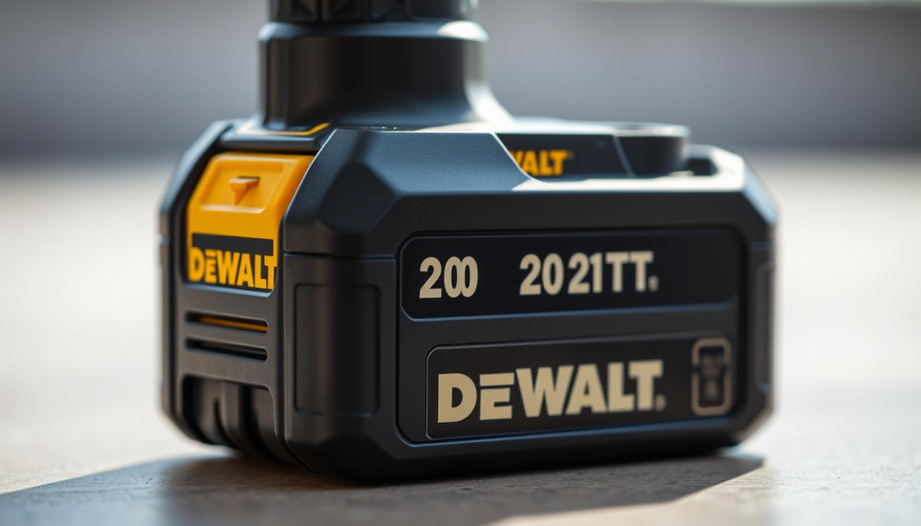 A high-quality, close-up photograph of a DeWalt 20V impact battery pack, captured in natural lighting with a shallow depth of field. The battery is prominently displayed in the foreground, its rugged black casing and yellow accents conveying a sense of power and durability. The background is softly blurred, allowing the battery to be the focal point. The image showcases the battery's compact size, ergonomic design, and the DeWalt brand logo, highlighting its compatibility with the DeWalt 1/2" impact wrench. The overall mood is professional, clean, and focused on the key technical details of the battery.