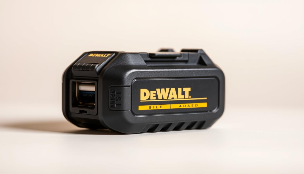 A high-quality close-up photograph of a Dewalt USB battery adapter, showcasing its detailed design and features. The adapter is positioned centrally against a plain, light-colored background, allowing it to be the focal point. The lighting is soft and even, accentuating the textures and colors of the metal and plastic components. The angle is slightly elevated to provide a clear, unobstructed view of the adapter's ports, buttons, and overall form factor. The depth of field is shallow, keeping the adapter in sharp focus while blurring the background for a clean, professional look. The mood is one of precision, functionality, and technological sophistication, reflecting the adapter's purpose as a versatile power solution for Dewalt power tools.