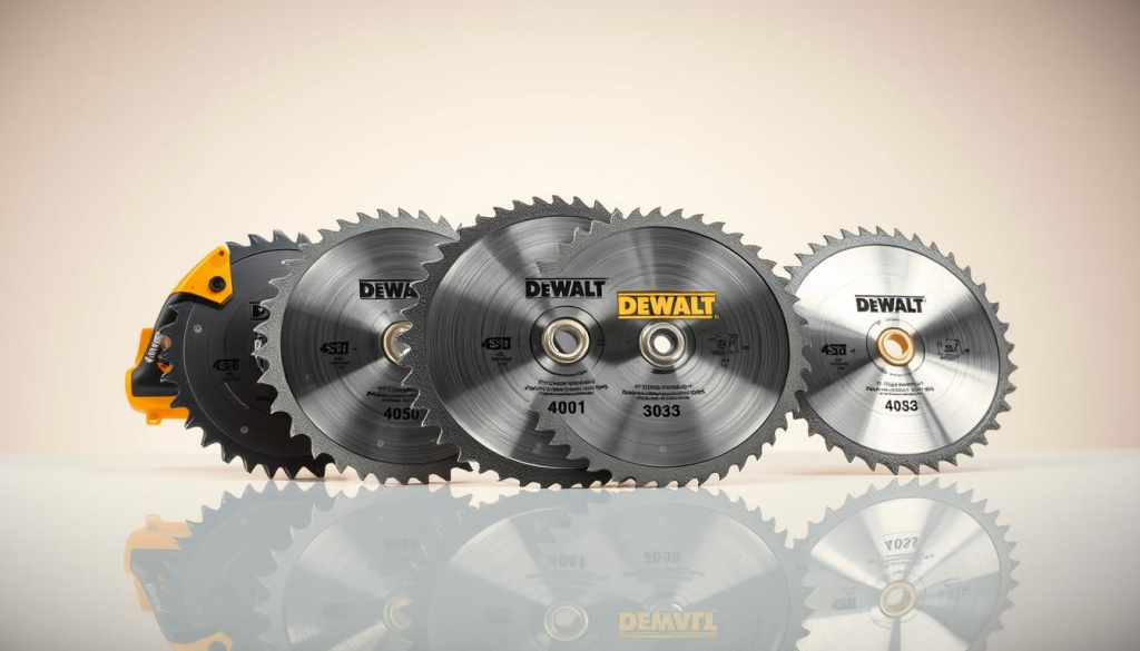 A high-quality close-up photograph of several DEWALT circular saw blades in a neatly arranged still life composition. The blades are meticulously detailed, showcasing their sharp teeth, sturdy steel construction, and DEWALT branding. The blades are placed on a clean, reflective surface, creating a sense of depth and a subtle mirrored effect. The lighting is bright and directional, accentuating the blades' textures and casting crisp shadows. The background is a simple, neutral color that allows the saw blades to be the sole focus of the image. The overall mood is one of precision, quality, and attention to detail, reflecting the high-performance nature of DEWALT power tools.