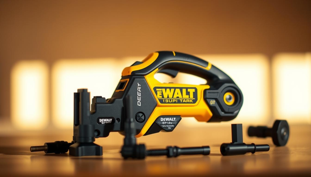 A high-quality, close-up photograph of the DEWALT XR Multi-Tool for Furniture Assembly. The multi-tool is positioned in the center of the frame, showcasing its sleek black and yellow design. The tool is surrounded by a warm, natural lighting that casts soft shadows, highlighting its various attachments and features. The background is slightly blurred, creating a sense of depth and focus on the central subject. The overall mood is one of professionalism and utility, reflecting the tool's intended use for DIY furniture projects in the home.